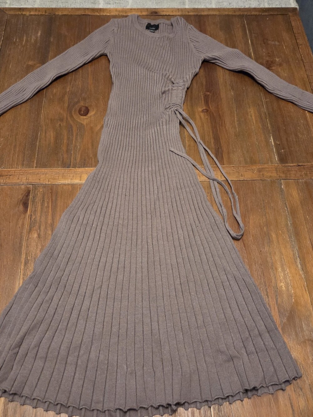 Lumiere Ribbed Knit Maxi Sweater Dress Side Tie Cinch Long Sleeve"Large Brown